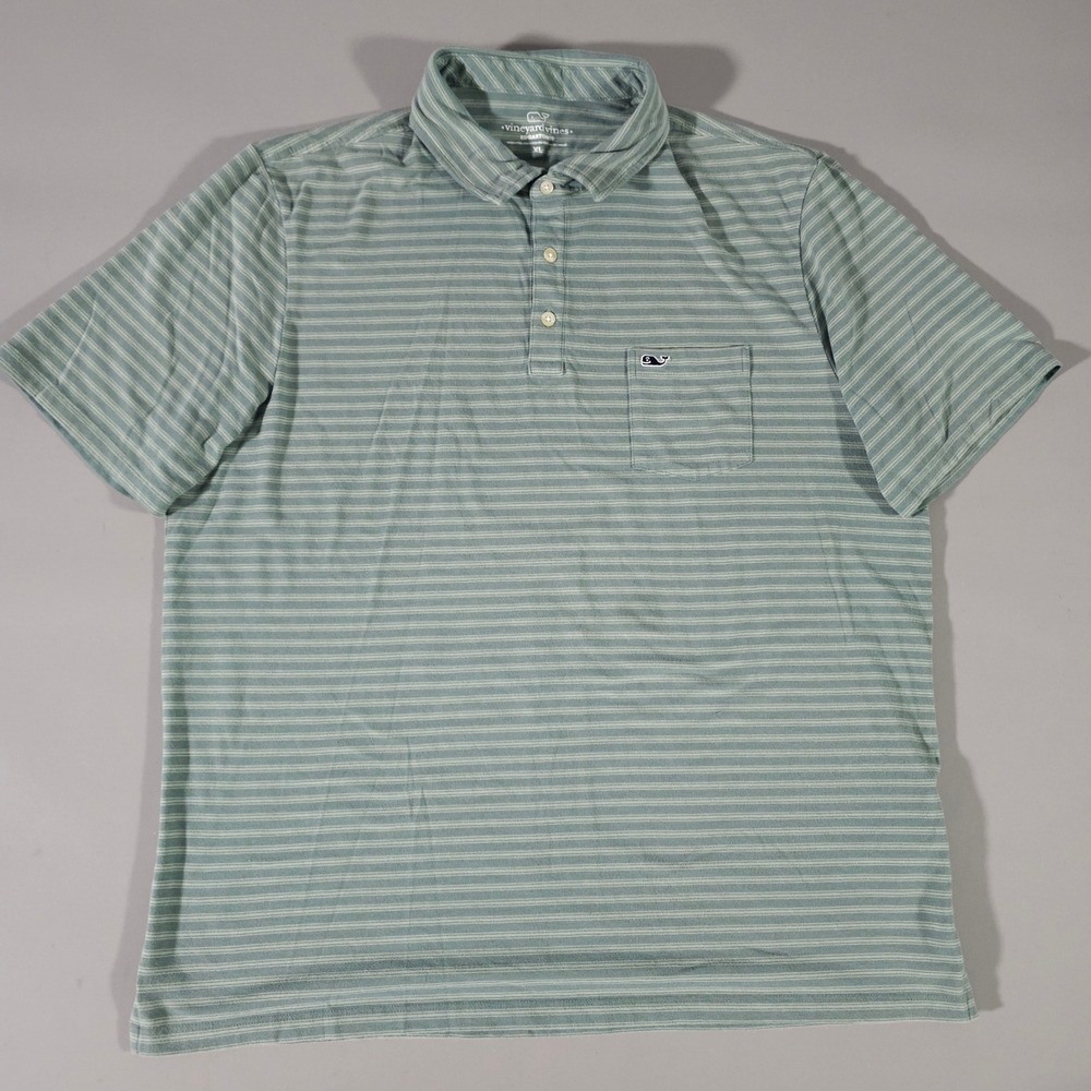 Vineyard Vines Polo Shirt Mens XL Green Striped Edgartown Short Sleeve Pocket